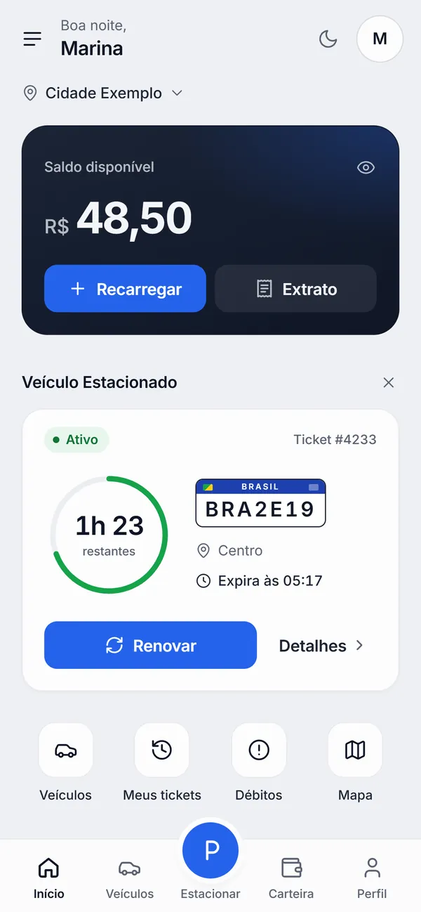 App do motorista: saldo disponível de R$ 48,50, botões Recarregar e Extrato, e um ticket ativo com 1h23 restantes para a placa BRA2E19.