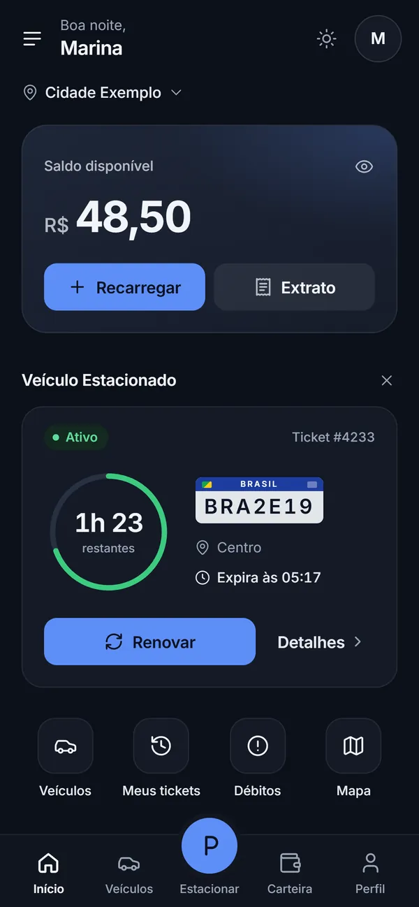 App do motorista: saldo disponível de R$ 48,50, botões Recarregar e Extrato, e um ticket ativo com 1h23 restantes para a placa BRA2E19.