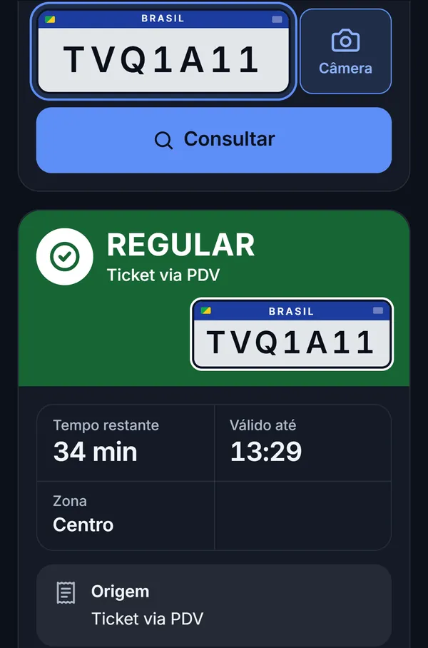 App do fiscal: consulta da placa TVQ1A11 com resultado REGULAR, ticket comprado em ponto de venda, 35 minutos restantes, válido até 13:29, zona Centro.
