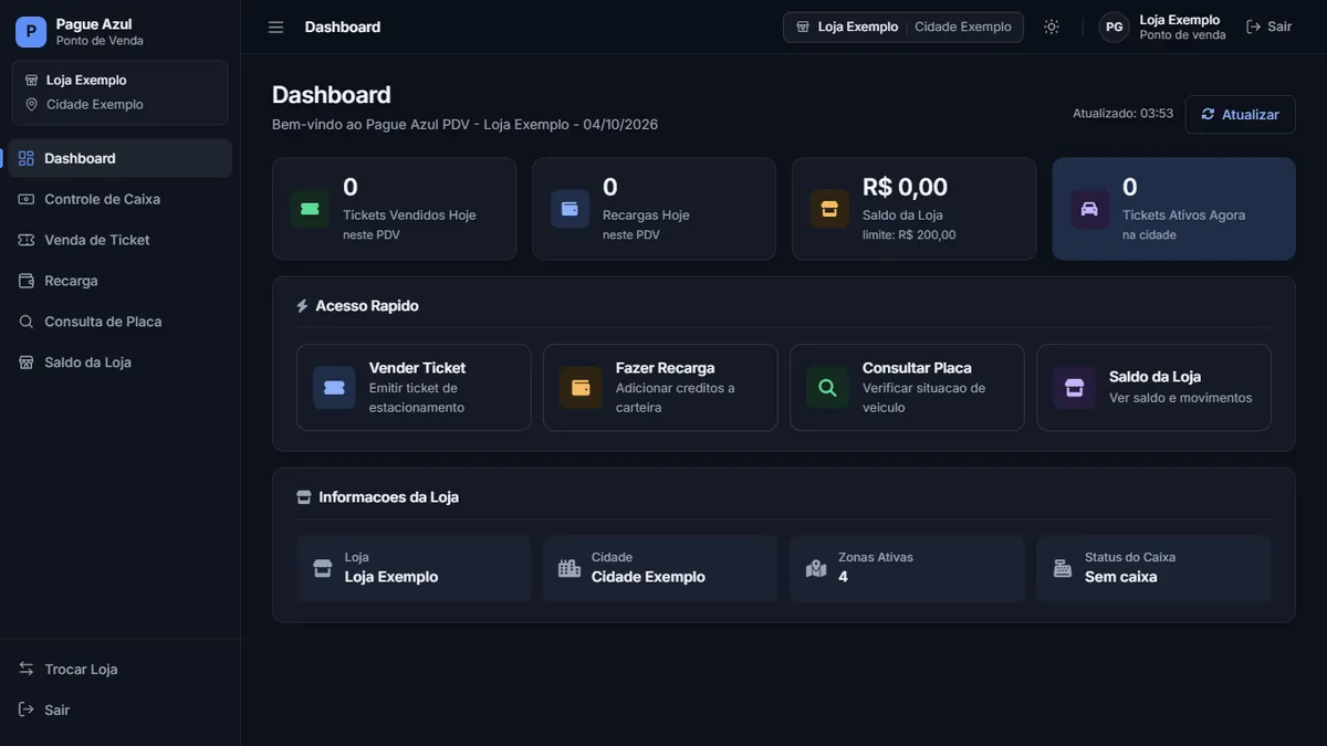 Sistema do ponto de venda: menu com Controle de caixa, Venda de ticket, Recarga, Consulta de placa e Saldo da loja, e atalhos para cada operação.
